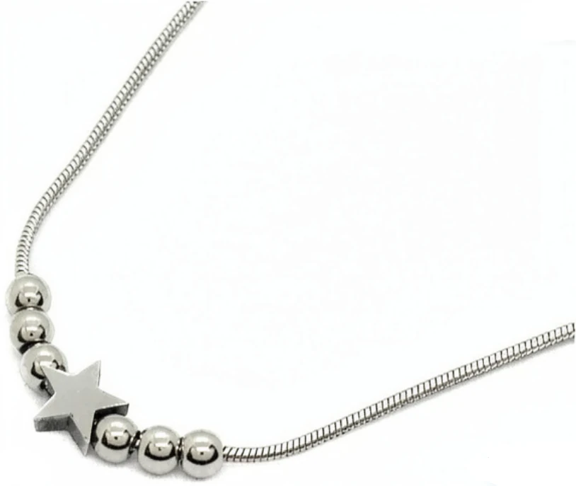 Cadena de acero quirurgico eslabon cola de raton con bolitas y dije estrella 45cm + 5cm